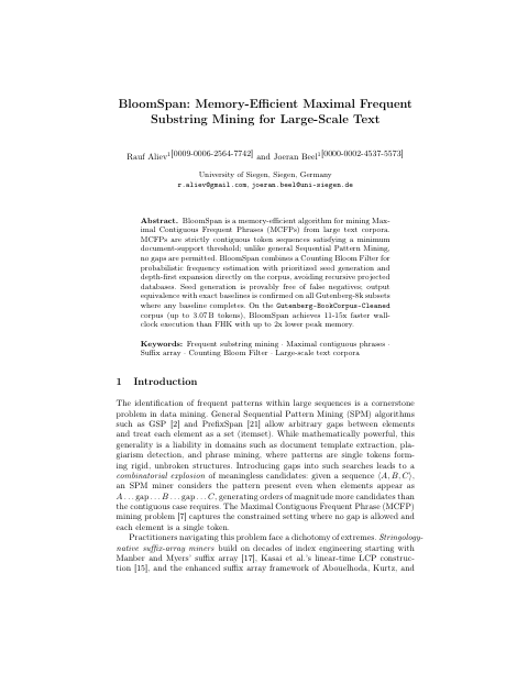 BloomSpan: Memory-Efficient Maximal Frequent Substring Mining for Large-Scale Text