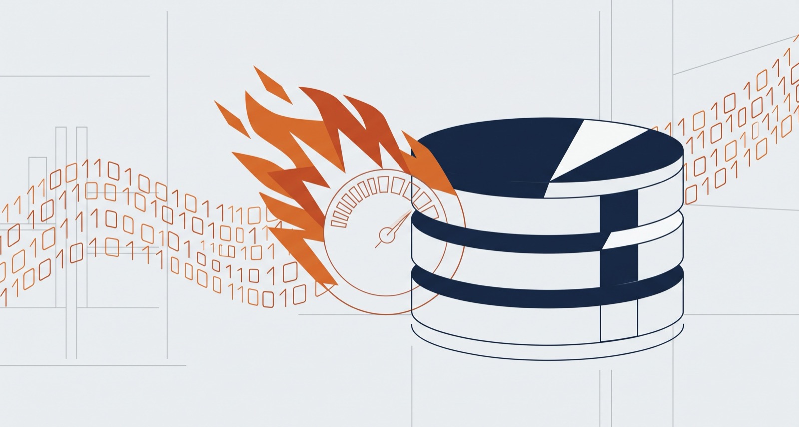Database cylinder with a speedometer in flames and streams of binary data