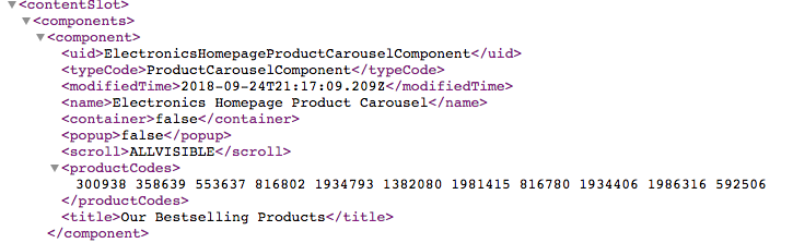 Product carousel XML with product codes