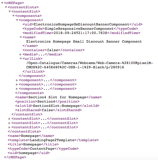 CMS page response showing content slots and components