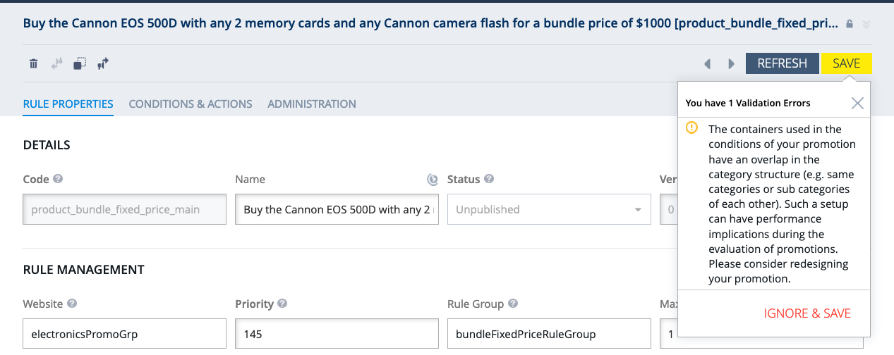 Promotion rule container overlap detection in SAP Commerce Cloud 2011