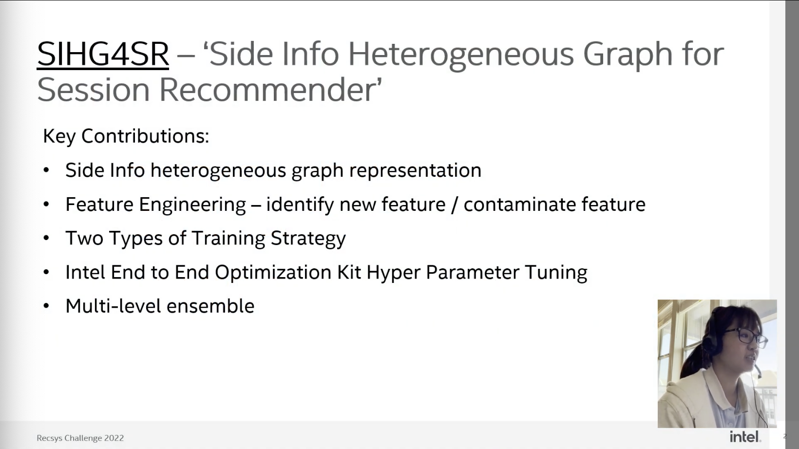 Key Contributions slide listing five bullets: side info heterogeneous graph representation, feature engineering, two types of training strategy, Intel End to End Optimization Kit hyperparameter tuning, multi-level ensemble