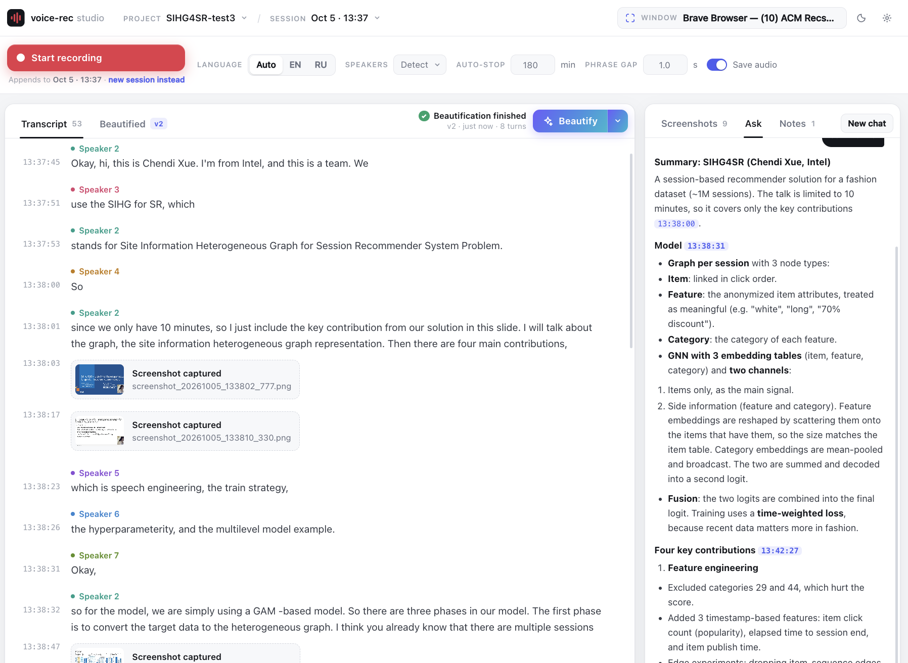 On the left, the raw transcript with timestamps, speakers and screenshot markers; on the right, the Ask tab: a summary of a recording still in progress, with links to timestamps