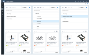 Product Cockpit — Catalog View, three catalogs side by side