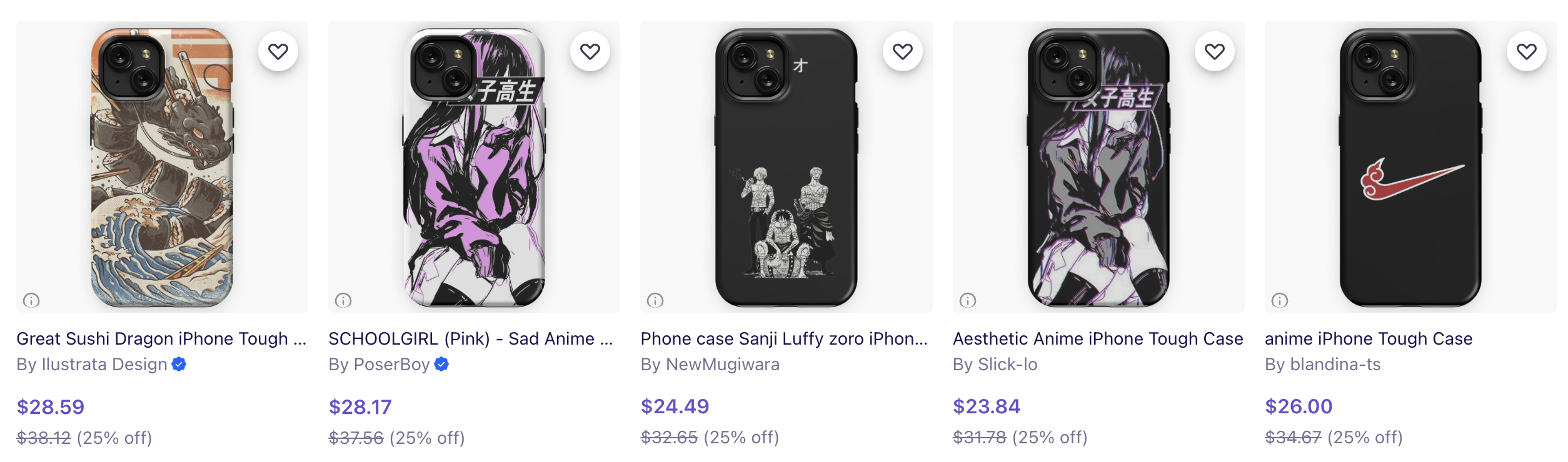 Search results showing anime-themed phone cases
